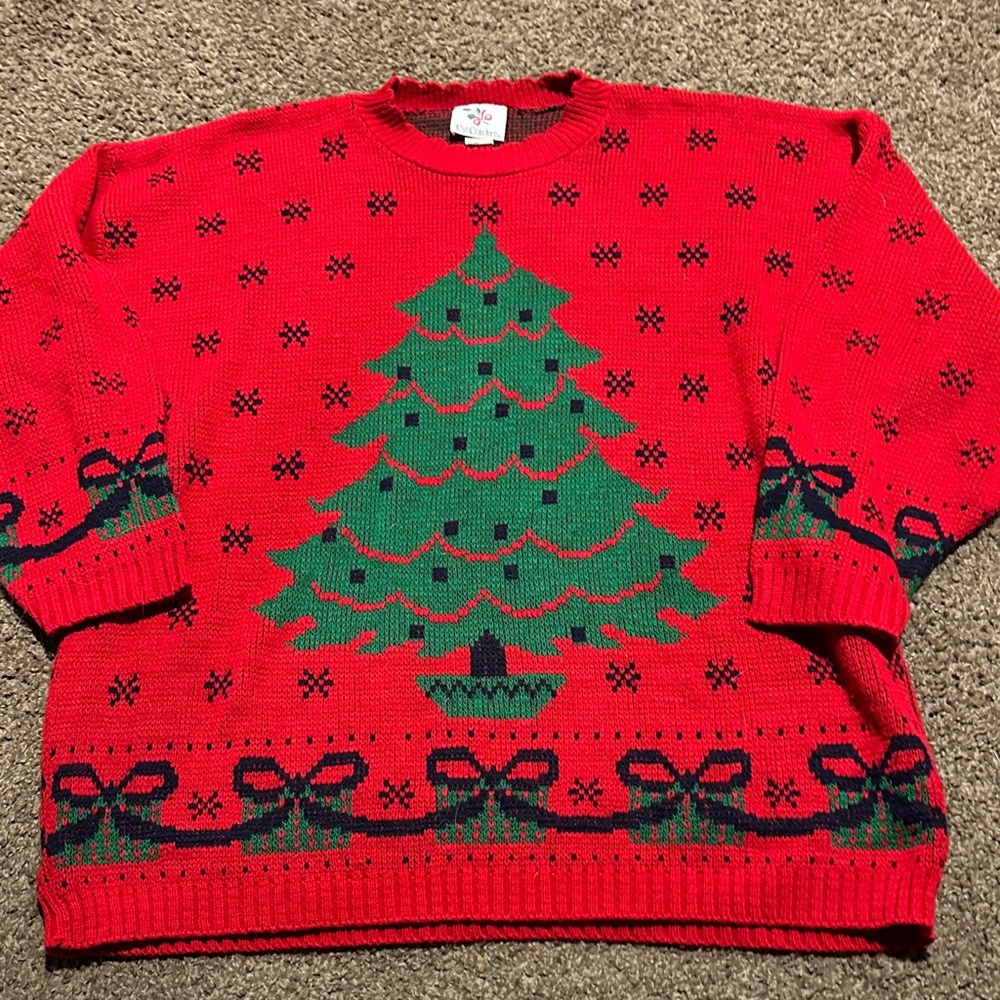 Vintage Festive Red Christmas Tree All over design Sweater Size 22W